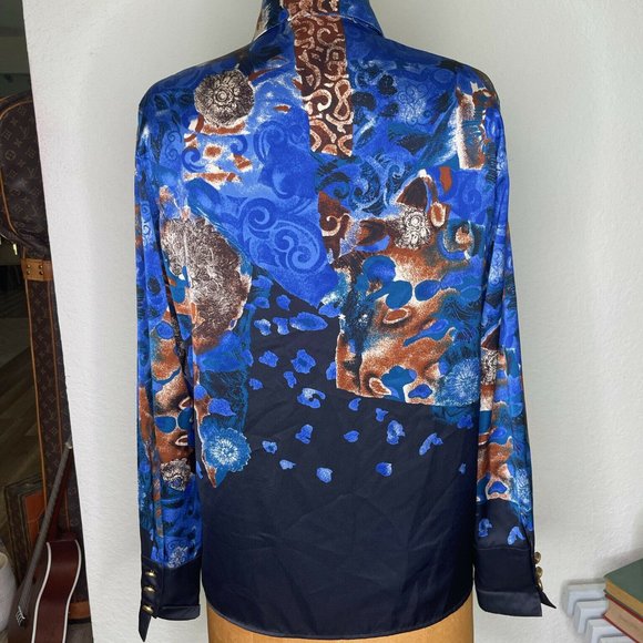 Louis Feraud Womens Blue Black Abstract Long Collared Button Up Shirt Top Size 8 - Picture 2 of 9